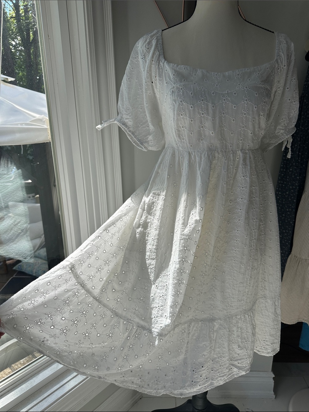 VERTICHE White Eyelet Puff-Sleeve Square Neck Babydoll Dress Cotton Size Large - Picture 5 of 16